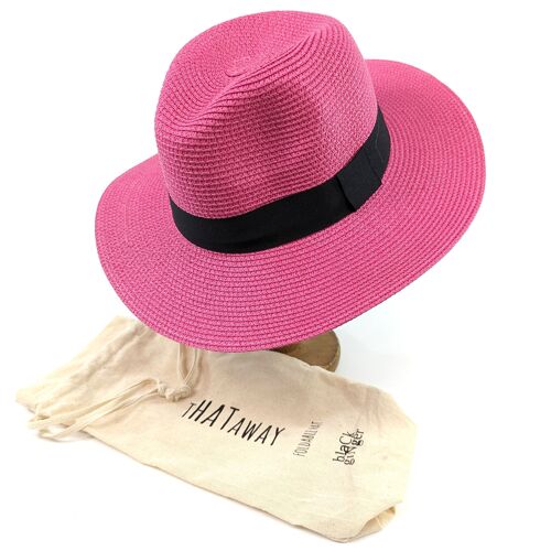 Folding Panama Style Travel Sun Hat - Bright Pink (57cm)