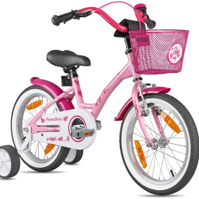 Vélo enfant 16 pouces à partir de 5 ans avec roues stabilisatrices et pack de sécurité en rose et blanc