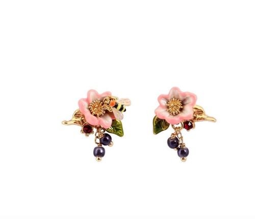Pink Flower Beads Bees Collecting Honey Asymmetrical Earrings