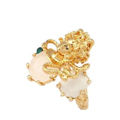 Anillo ajustable con apertura de gema con incrustaciones de Medusa chapado en oro exagerado