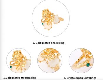 Bague ajustable à ouverture de gemme incrustée de méduse plaquée or exagérée 4