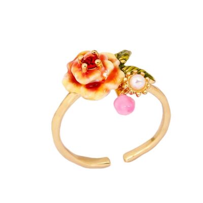Anello di perle regolabile con apertura a fiore smaltato alla moda