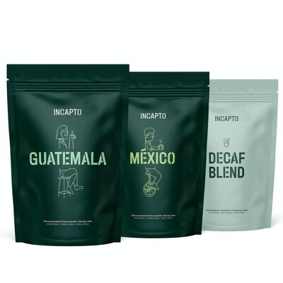 Café de Especialidad en Grano INCAPTO - Pack Degustación CENTROAMÉRICA 100% Arábica, Descubre los cafés de Guatemala, México y Brasil - 300 g