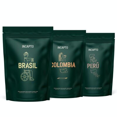 Café de Especialidad en Grano INCAPTO - Pack Degustación SUDAMÉRICA 100% Arabica, Descubre los cafés de Colombia, Brasil y Perú - 300 g