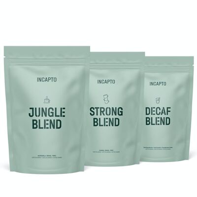 Café de spécialité en Grano | Pack Degustación INCAPTO BLENDS , Descubre nuestros Strong Blend, Decaf Blend y Jungle Blend - 300 g