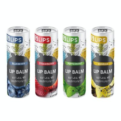 Handmade lip balm My Lips - 10g lip balm in paper tube; 4 assorted scents: Blueberry, Strawberry, Peppermint, Vanilla; Made in Germany