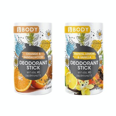 Desodorante artesanal My Body - Barra de desodorante de 40 g en tubo de papel; 2 fragancias surtidas: naranja y sándalo/papaya, limón y vainilla; Hecho en Alemania