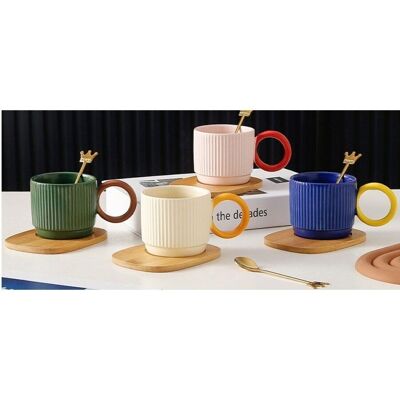 Taza de cerámica estilo nórdico con plato y cuchara de madera en caja en 4 colores con asa en contraste - 220 ml - DF-460