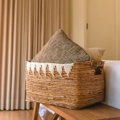 Decorative basket square storage basket with cotton decoration PISANG basket hand-woven from banana fiber (3 sizes)