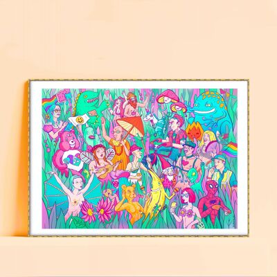 Festival Lovers, psychedelischer Giclée-Kunstdruck A4 in limitierter Auflage, Pop-Surrealismus-Illustration, surreale Musikfestival-Wandkunst