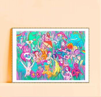 Festival Lovers, impression d'art psychédélique giclée en édition limitée A4, illustration de surréalisme pop, art mural de festival de musique surréaliste 1