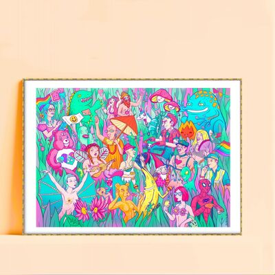 Festival Lovers, psychedelischer Giclée-Kunstdruck A4 in limitierter Auflage, Pop-Surrealismus-Illustration, surreale Musikfestival-Wandkunst