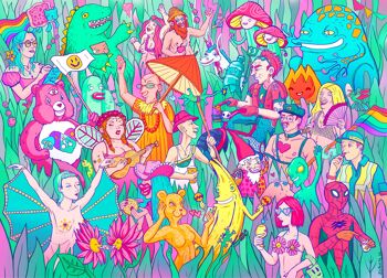 Festival Lovers, impression d'art psychédélique giclée en édition limitée A4, illustration de surréalisme pop, art mural de festival de musique surréaliste 2