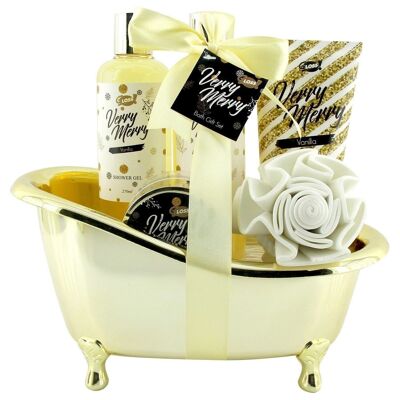 Goldene Badewanne – Vanille-Badeset mit Duschblume
