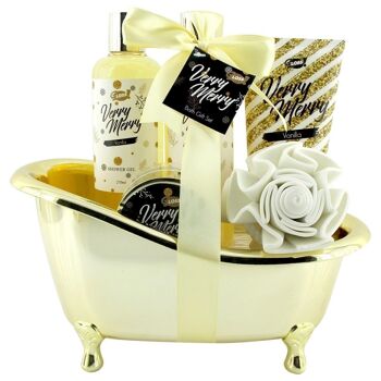 Baignoire dorée - coffret de bain à la vanille avec fleur de douche