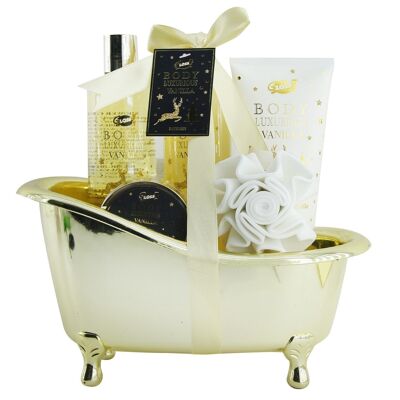 Gourmet vanilla beauty gift box in the shape of a bathtub