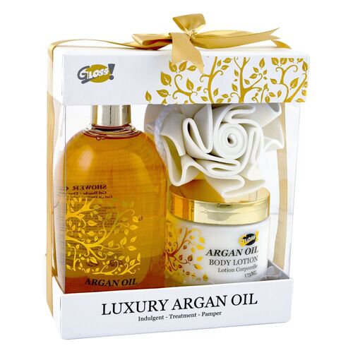 GLoss - Coffret cadeau de bain Pour Femme avec une éponge EVA - Collection Luxury Argan Oil - Huile d'Argan