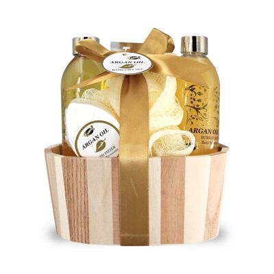 coffret beauté de bain incluant un pot en bois - Huile Argan