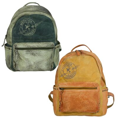 Sunsa leather/ canvas backpack. Vintage backpack, retro daypack. City backpack bag for women/ girls in a unique design. Mini leisure backpack for everyday use.