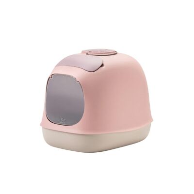 Covered designer litter box with filter and pink cleaning accessories