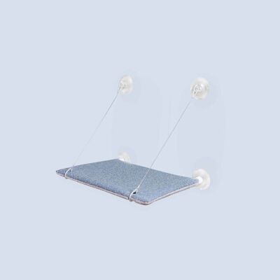 Panoramic window bed for cats with light blue suction cup toy