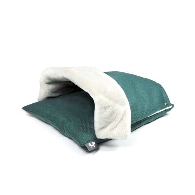 Soft cushion with removable cover lined in green fur