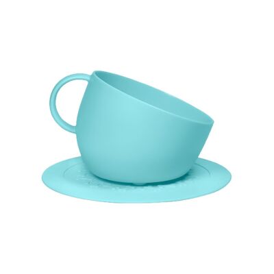 Set of high anti-splash bowl and aquamarine saucer mat