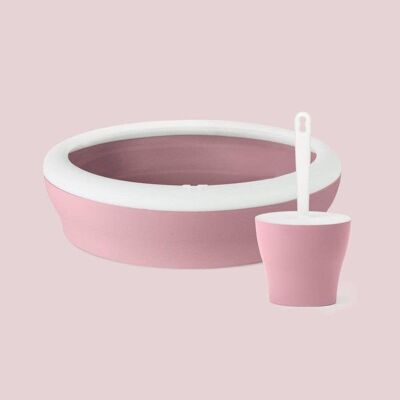 Offenes Katzenklo-Set und Hygieneschaufel mit rosa Halter