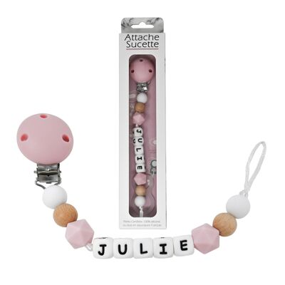 Sujeta chupete personalizable - Madera y rosa