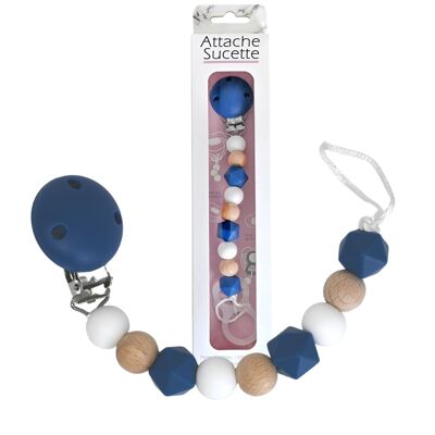 Attache-sucette silicone - Bois et Bleu marine