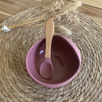 Plum colored silicone bowl and spoon