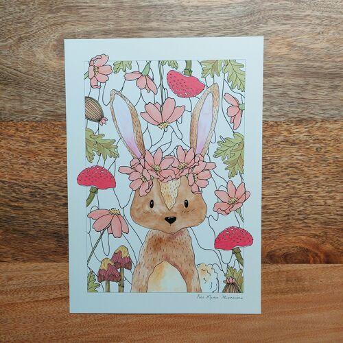 Carte lapin avec couronne de fleurs mignon enfants
