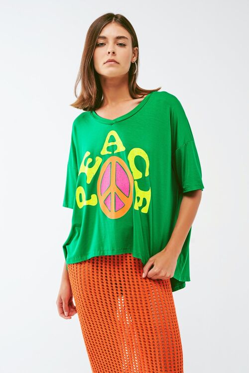 Oversized T-shirt With Peace Text in Green