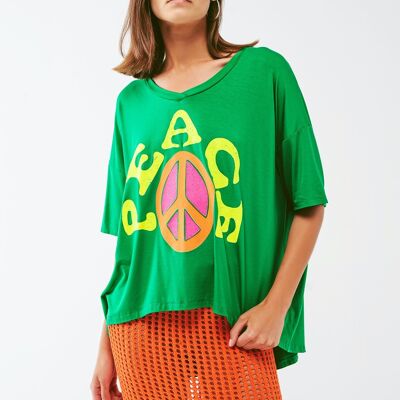 Oversized T-shirt With Peace Text in Green