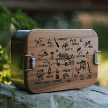 Boîte à lunch en acier inoxydable et bois de hêtre "En route pour l'aventure", 1 UE = 2 boîtes 2