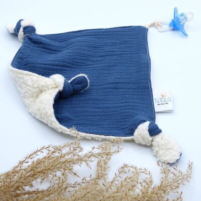 Customizable soft toy pacifier swaddle in organic cotton - Blue