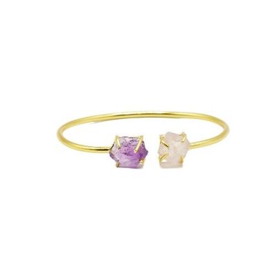 Golden women's bracelet with natural stones: Amethyst and Rose Quartz.   Weddings, guests.   Hand made.   Imitation jewelry.   Spring.