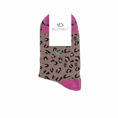 Glittery combed cotton socks Leopard - Camel and pink