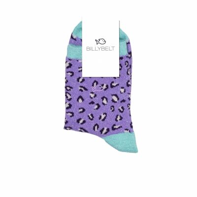 Purple and silver leopard socks in combed cotton