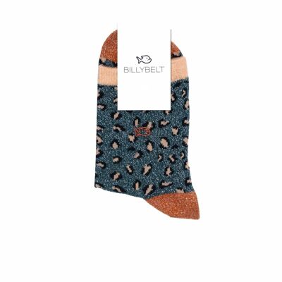 Glitzernde Socken aus gekämmter Baumwolle Leopard – Grün und Kamel