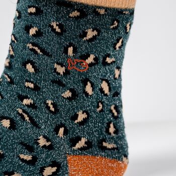 Chaussettes pailletées en coton peigné Léopard - Vert et camel 4