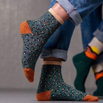 Chaussettes pailletées en coton peigné Léopard - Vert et camel 3