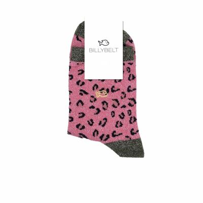 Pink and silver leopard socks in combed cotton