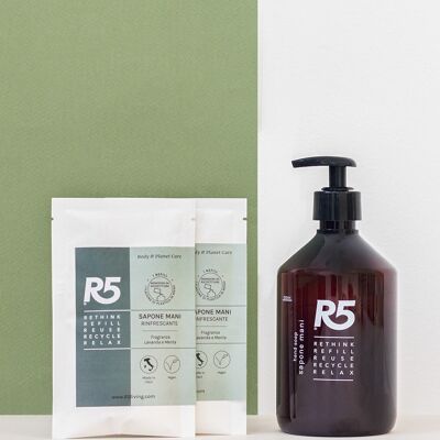 R5 Kit Sapone Mani - Flacone 350ml + 2 Refill in polvere - Made in Italy