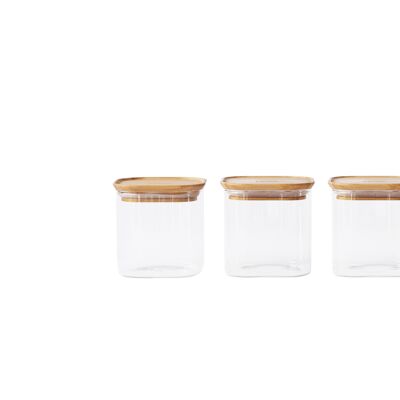 SET OF 3 SQUARE GLASS/BAMBOO STORAGE BOXES 800ML