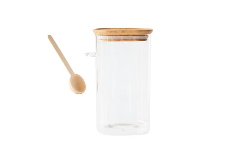 Boite carrée haute en verre/bambou & cuillère doseuse - 1400 ml