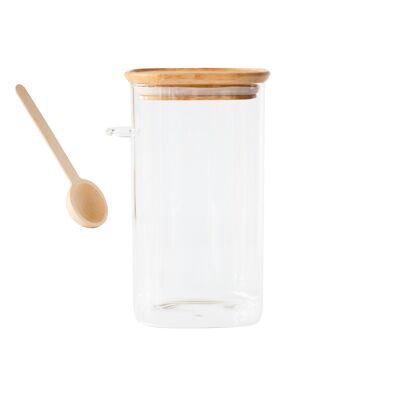 Hohe quadratische Dose aus Glas/Bambus und Messlöffel – 1400 ml