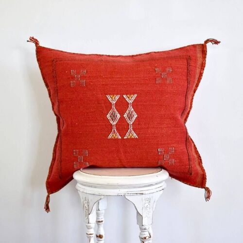Moroccan Handmade Sabra Silk Cactus Pillow Cover Red