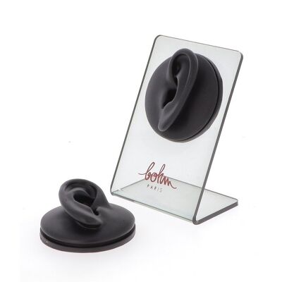 Display for earrings in smoked gray plexiglass and rubber ear