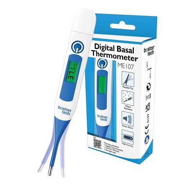 DIGITAL MEDICAL AND BASAL THERMOMETER FOR BABIES CHILDREN AND ADULTS, FEVER ALARM. FAST AND PRECISE FLEXIBLE TIP, ORAL, RECTAL OR AXILLARY TEMPERATURE IN 10 SEC EASY READING DISPLAY AND CASE MODEL ME107